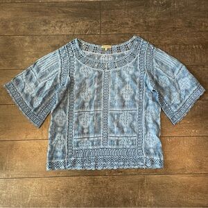Blue embroidered cotton short-sleeve top